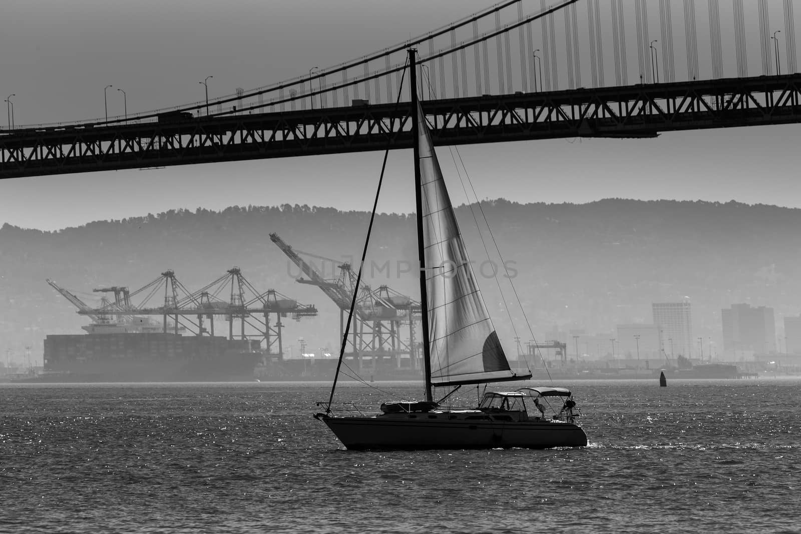 San Francisco Bay bridge sailboat from Pier 7 California by lunamarina