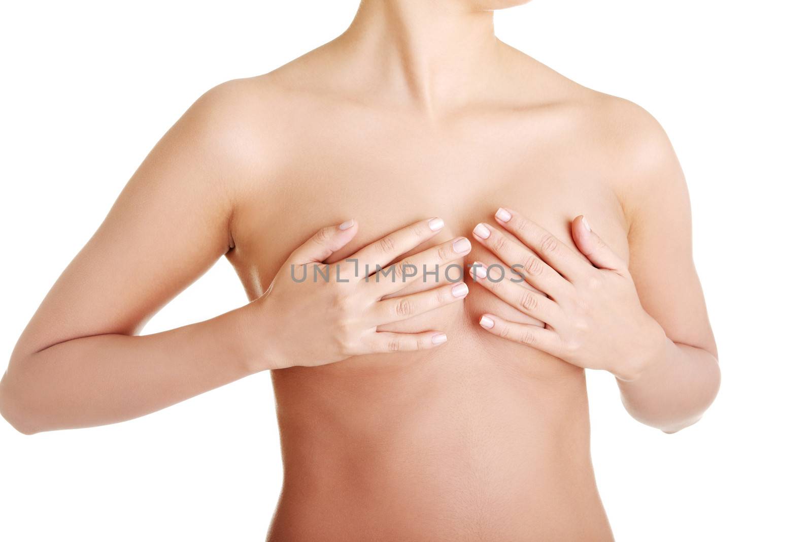 Breast cancer concept - Woman holding her breast