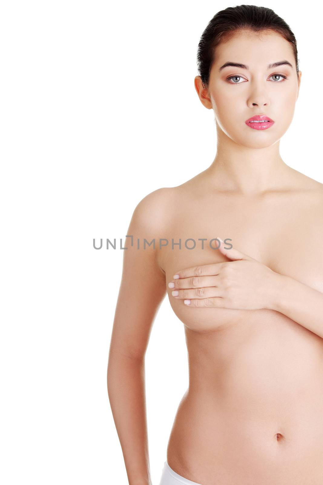 Woman holding her breast by BDS