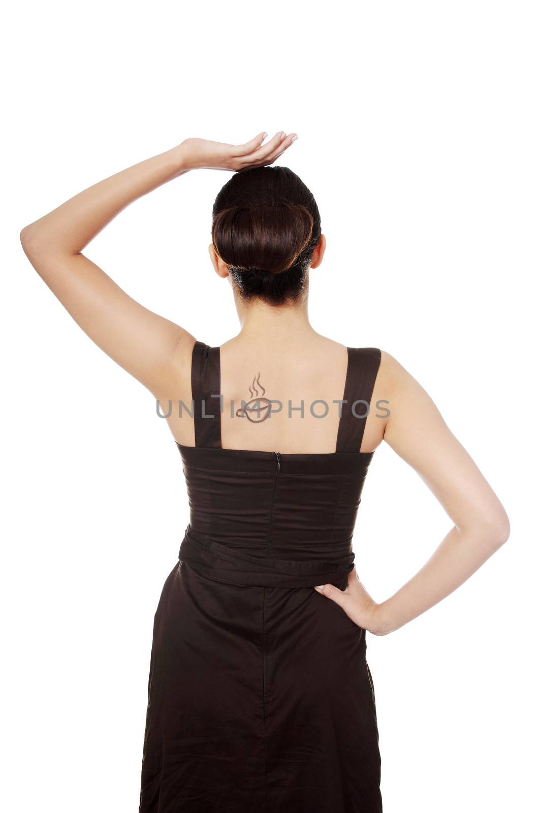 Woman in dress with coffee symbol on her back. by BDS