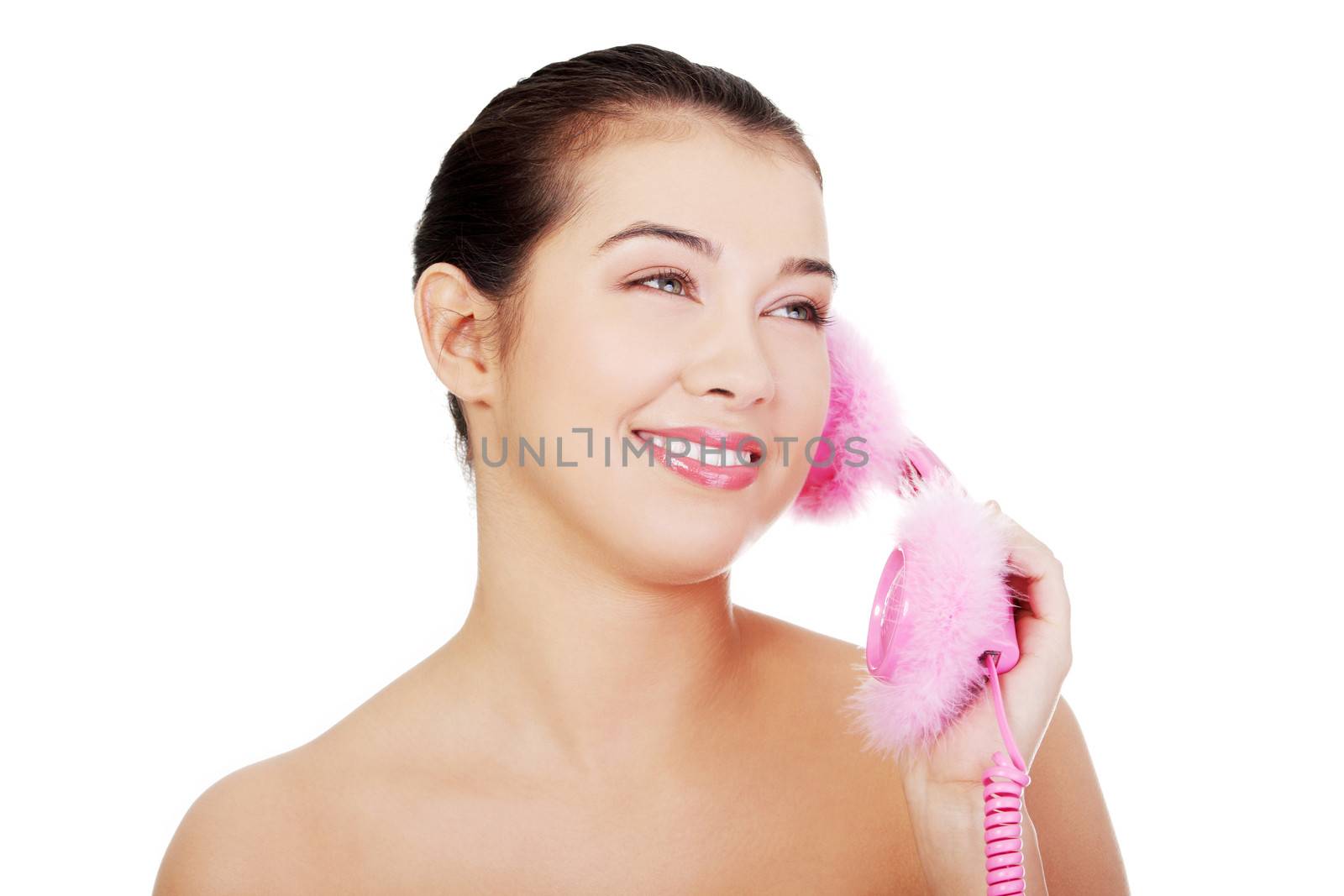 Happy woman on the phone, isolated on white