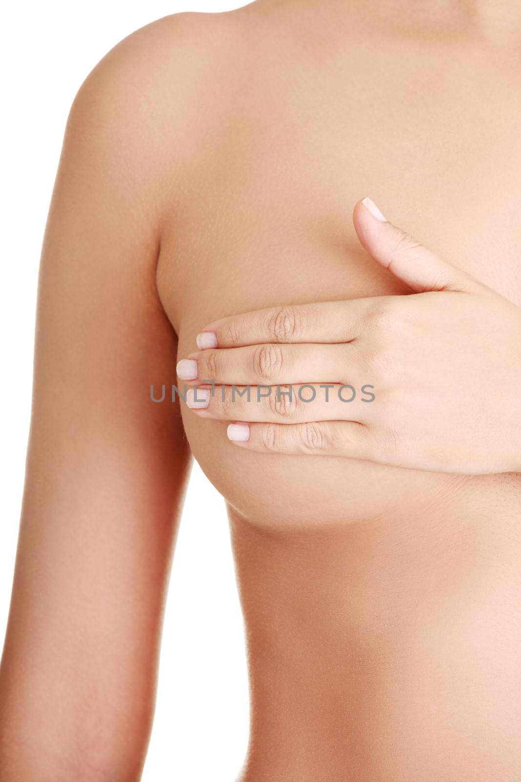 Breast cancer concept - Woman holding her breast