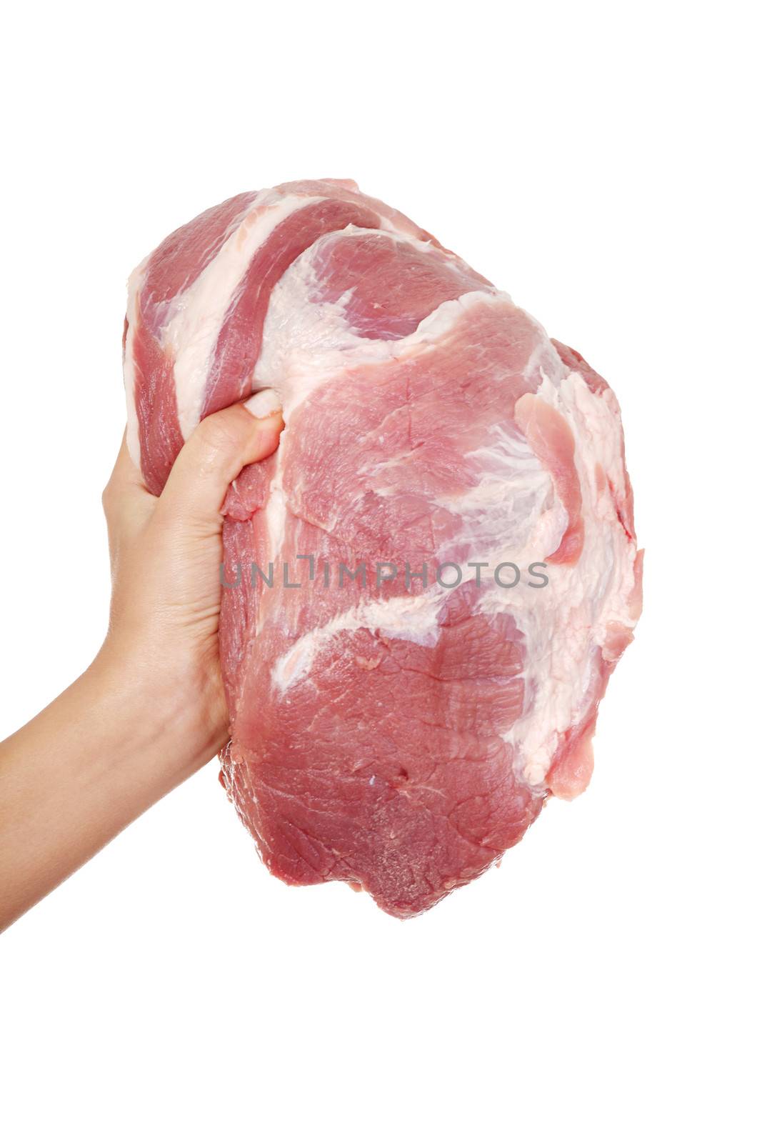 Female hand holding raw pork meat. Isolated on white