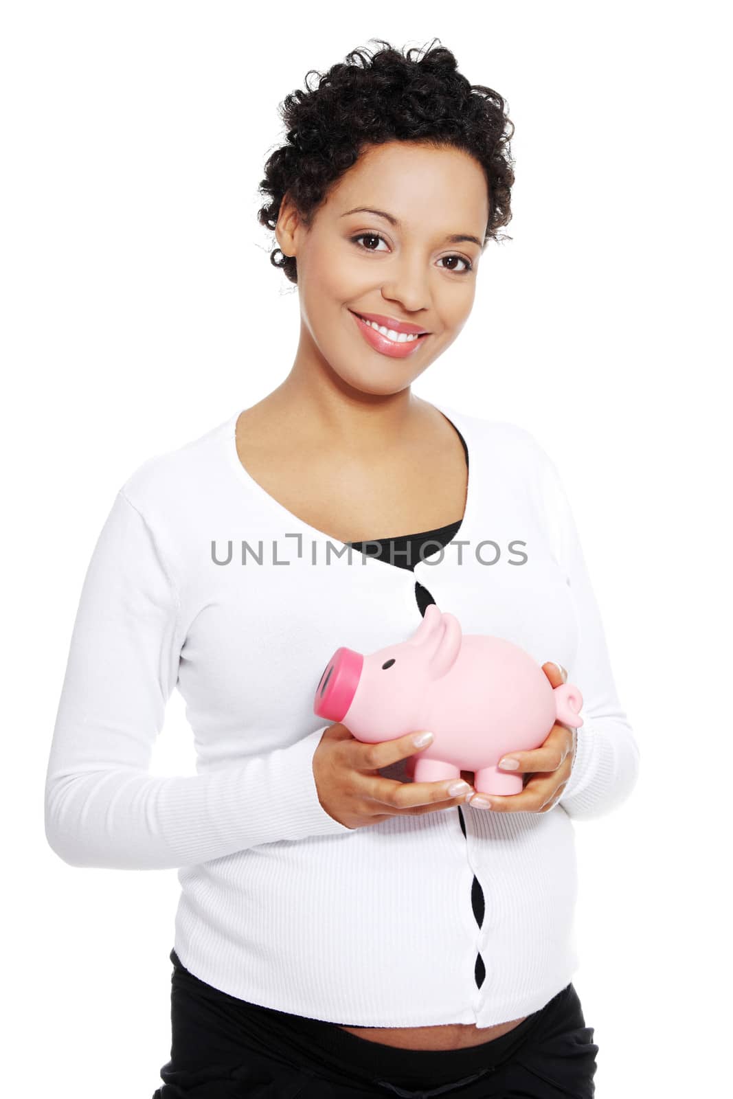 Pregnant woman holding piggy bank , isolated on white background