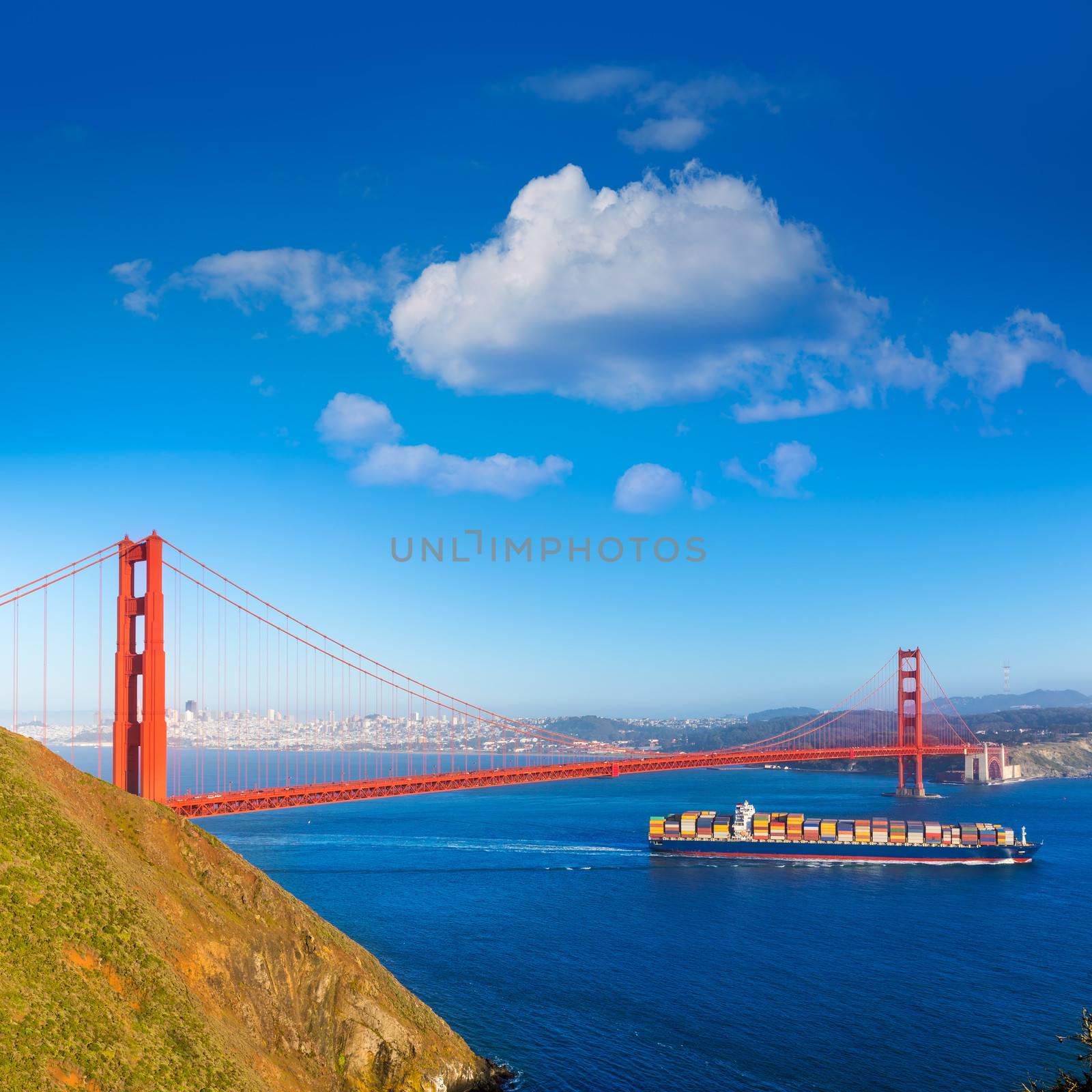 San Francisco Golden Gate Bridge merchant ship in California by lunamarina