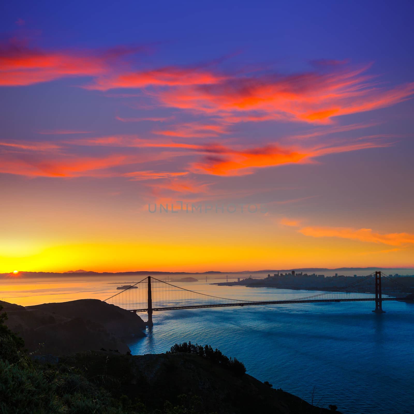 Golden Gate Bridge San Francisco sunrise California USA from Marin headlands