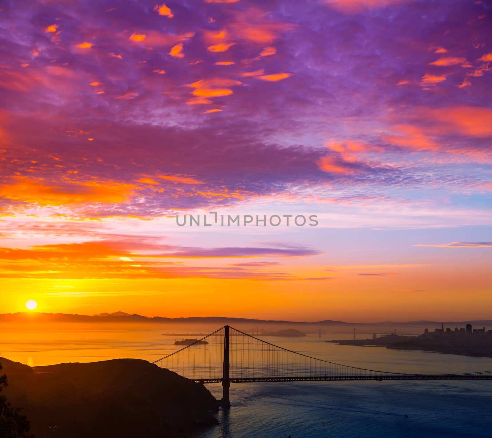 San Francisco Golden Gate Bridge sunrise California USA from Marin headlands