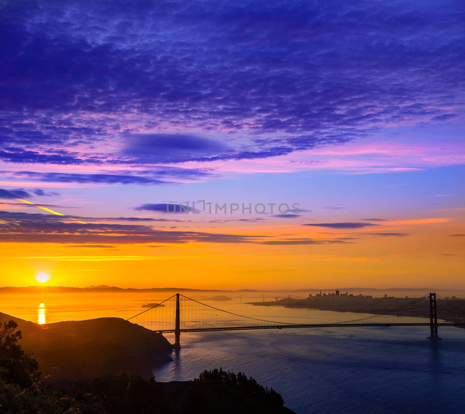 Golden Gate Bridge San Francisco sunrise California USA from Marin headlands