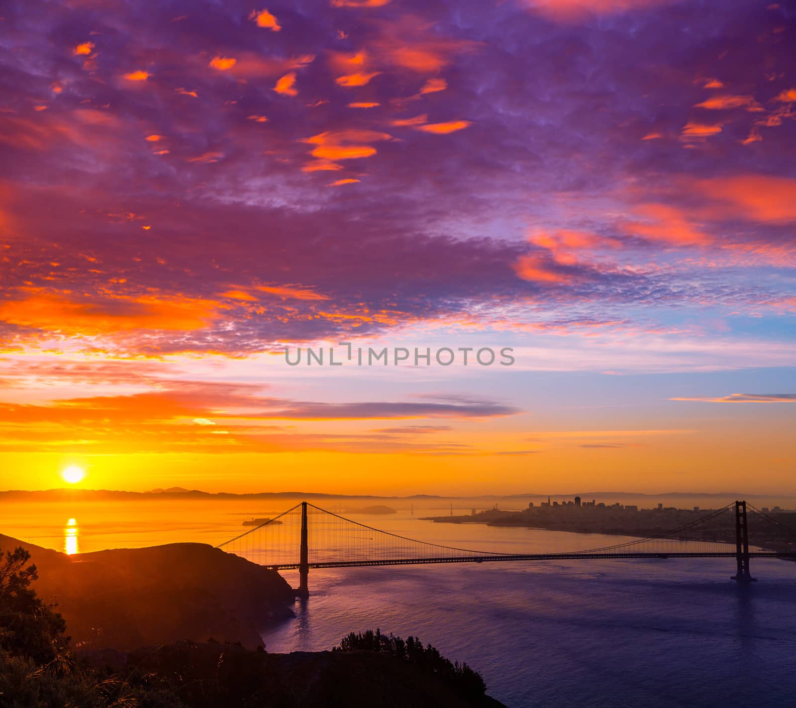 San Francisco Golden Gate Bridge sunrise California USA from Marin headlands