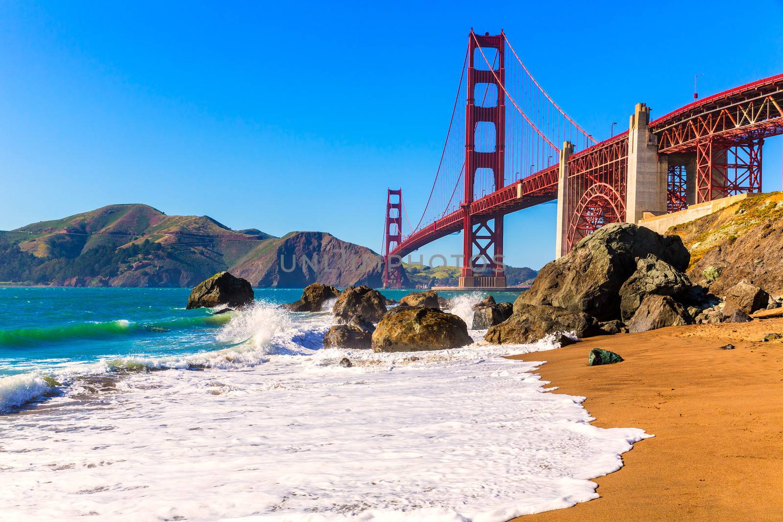 San Francisco Golden Gate Bridge GGB from Marshall beach in California USA