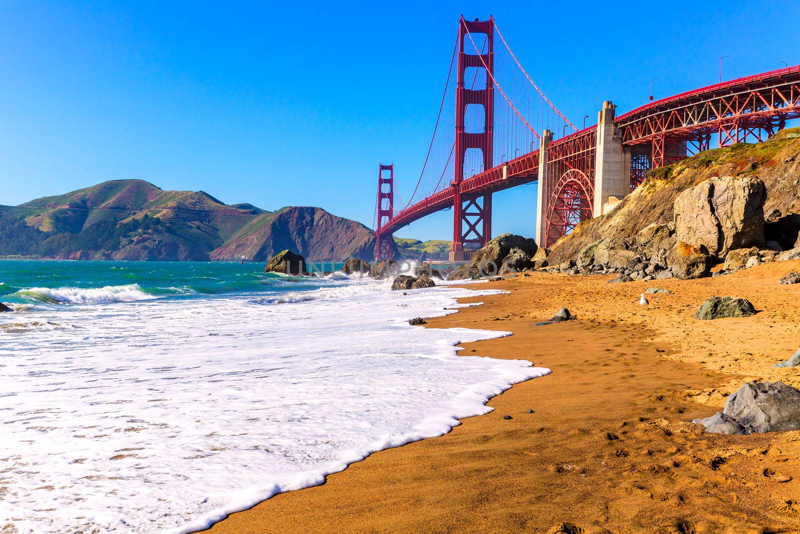 San Francisco Golden Gate Bridge GGB from Marshall beach in California USA