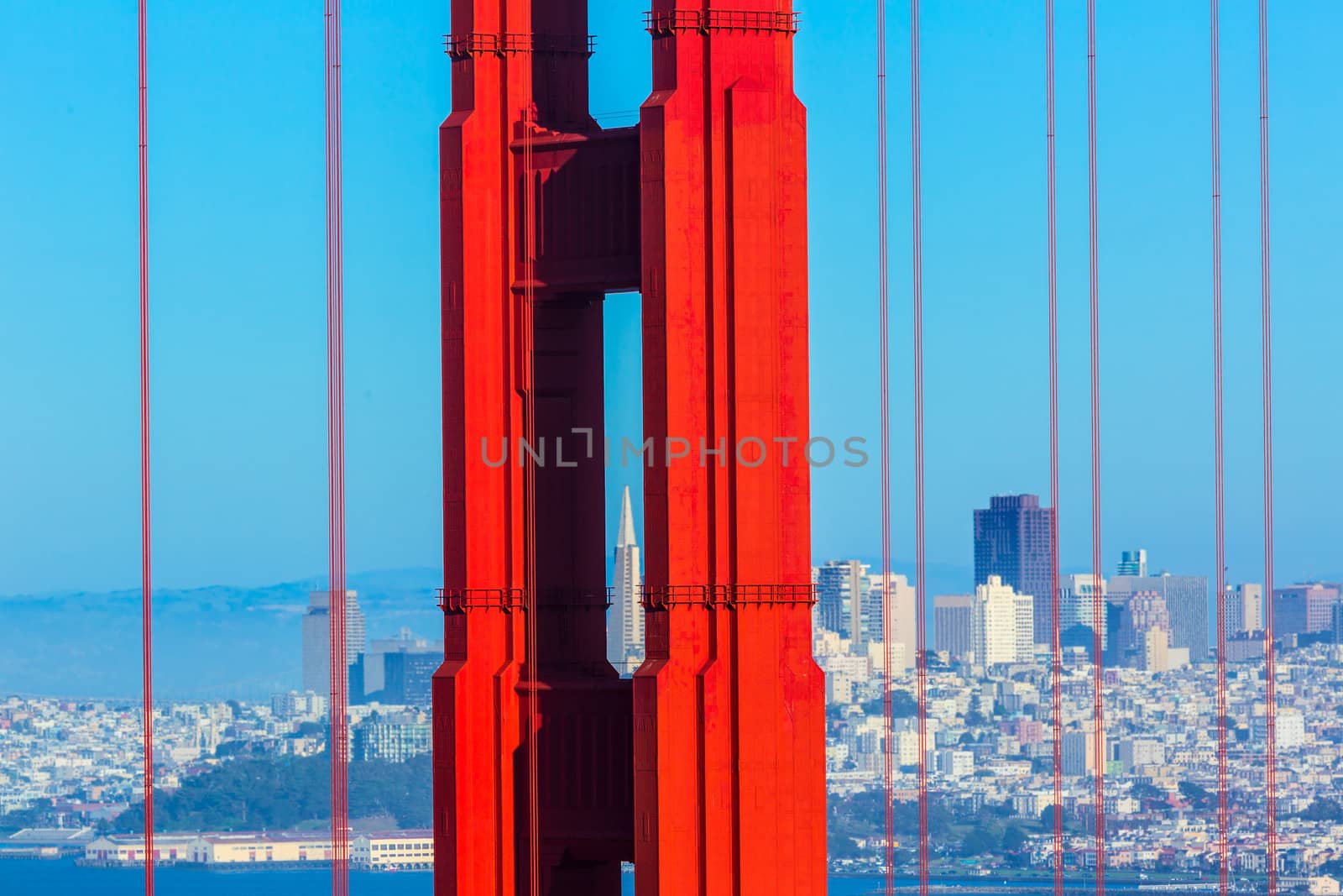 San Francisco Golden Gate Bridge view through cables in California USA