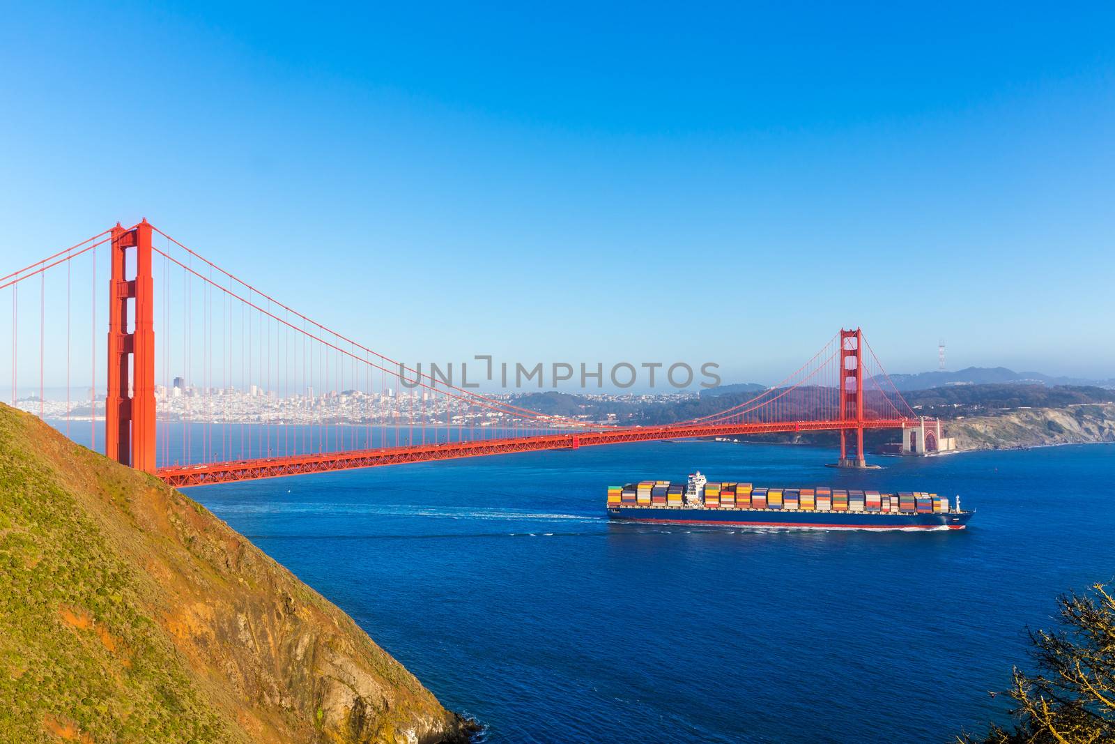 San Francisco Golden Gate Bridge merchant ship in California by lunamarina