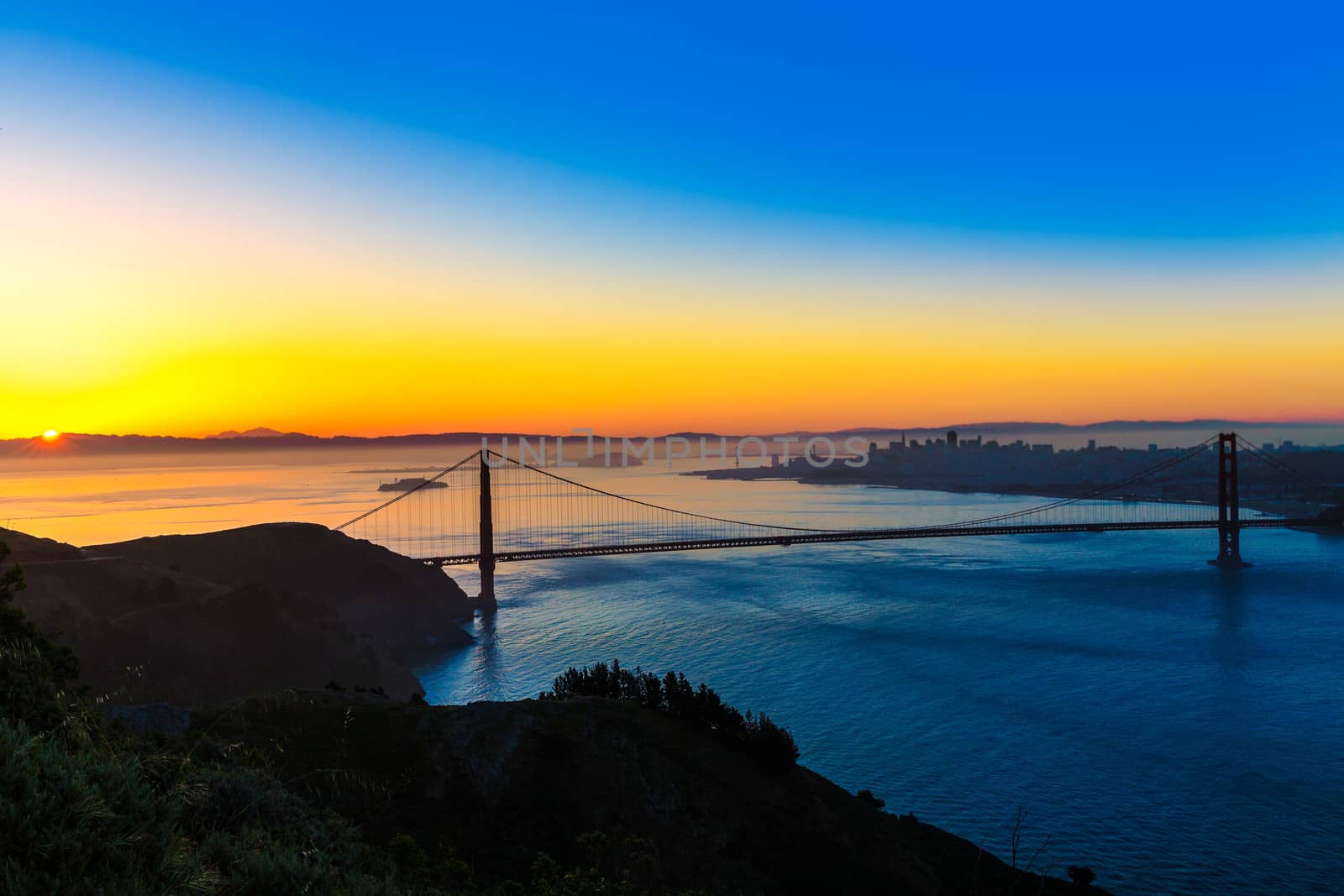 San Francisco Golden Gate Bridge sunrise California USA from Marin headlands