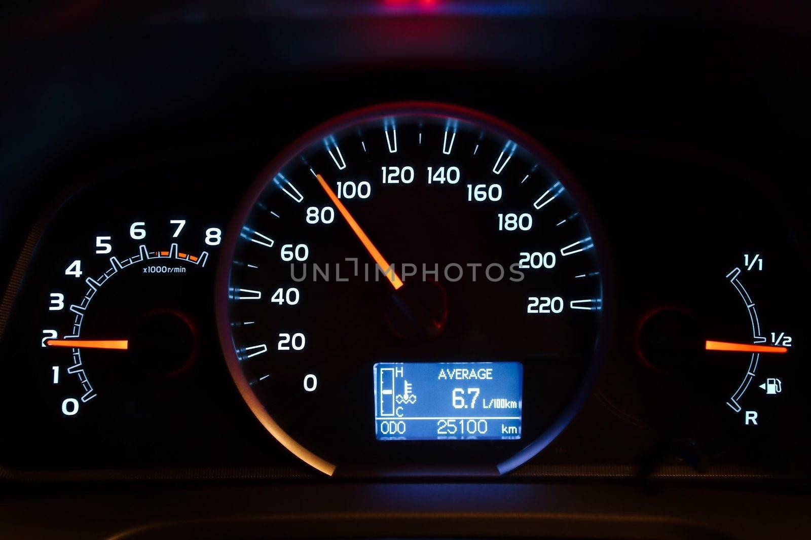 Speedometer of a car illuminated