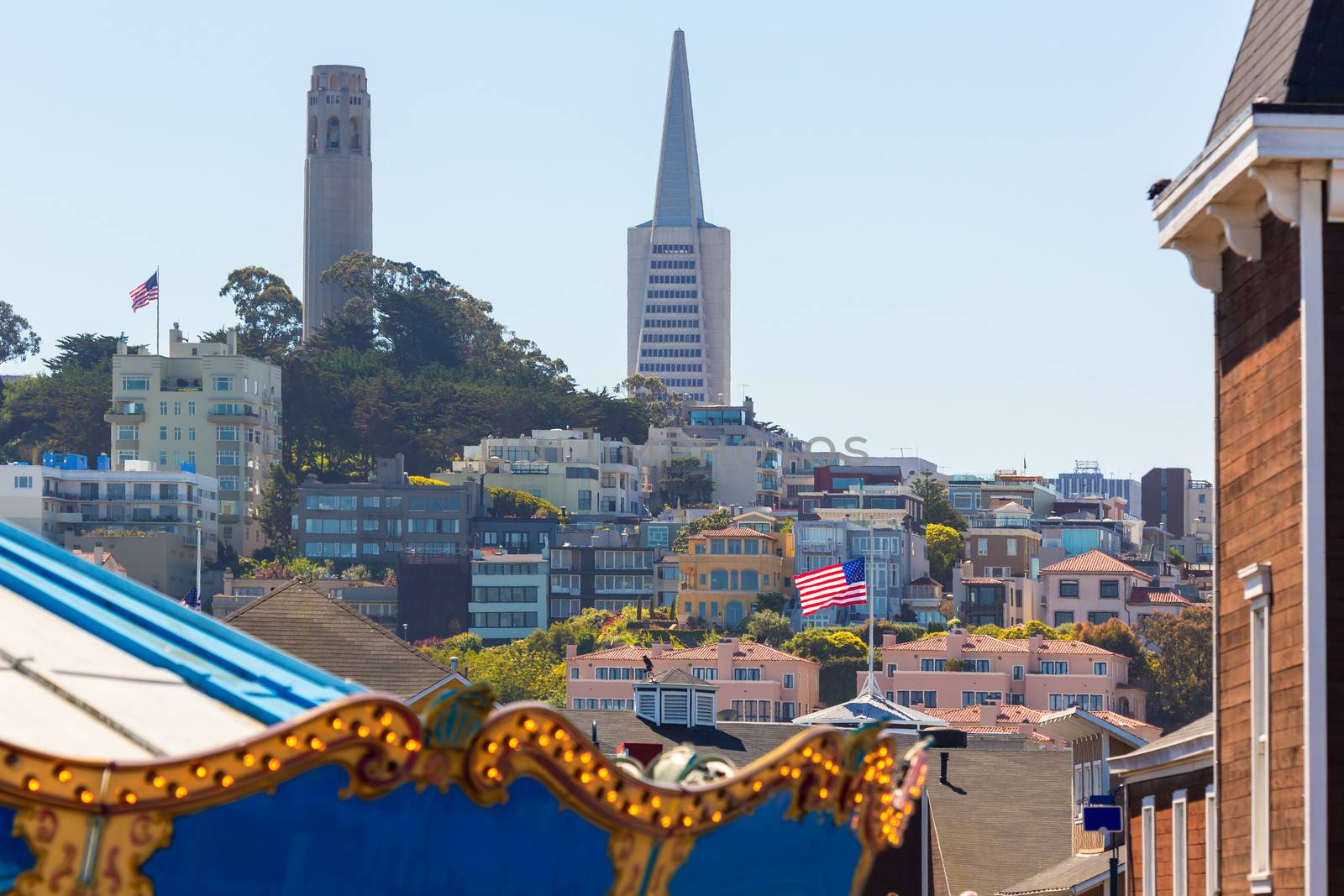 San Francisco city and Coit Tower from a fairground California USA