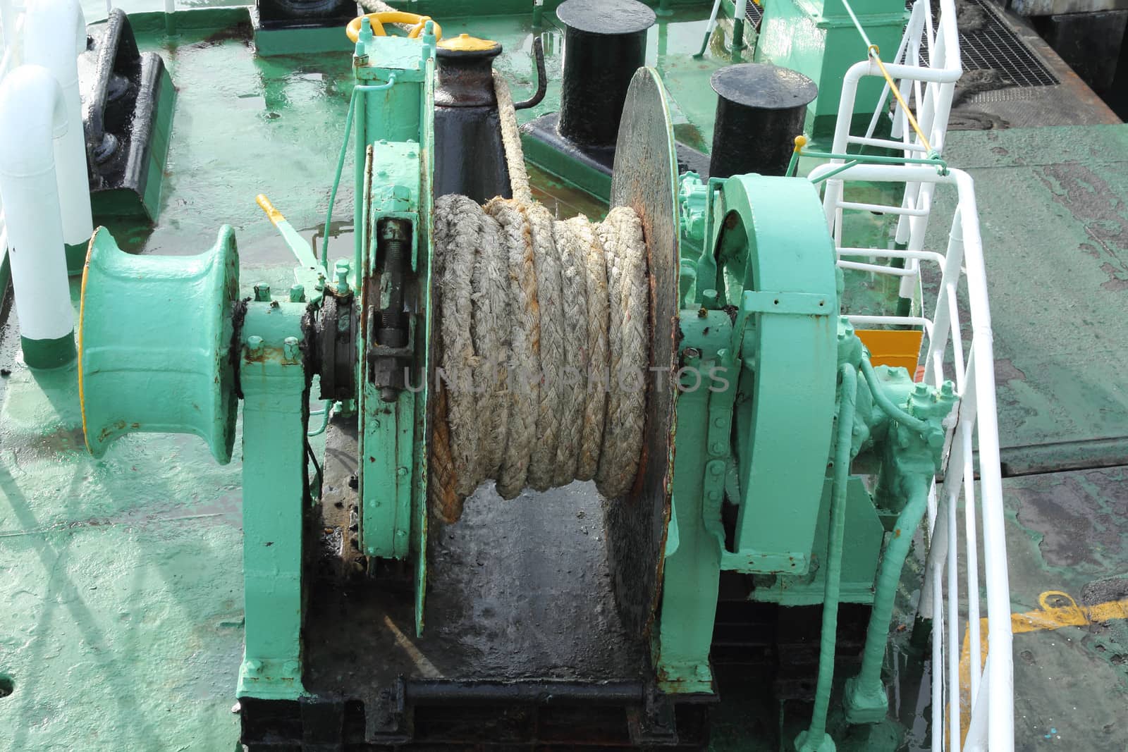 Winch spindle boat on a deck of ferry