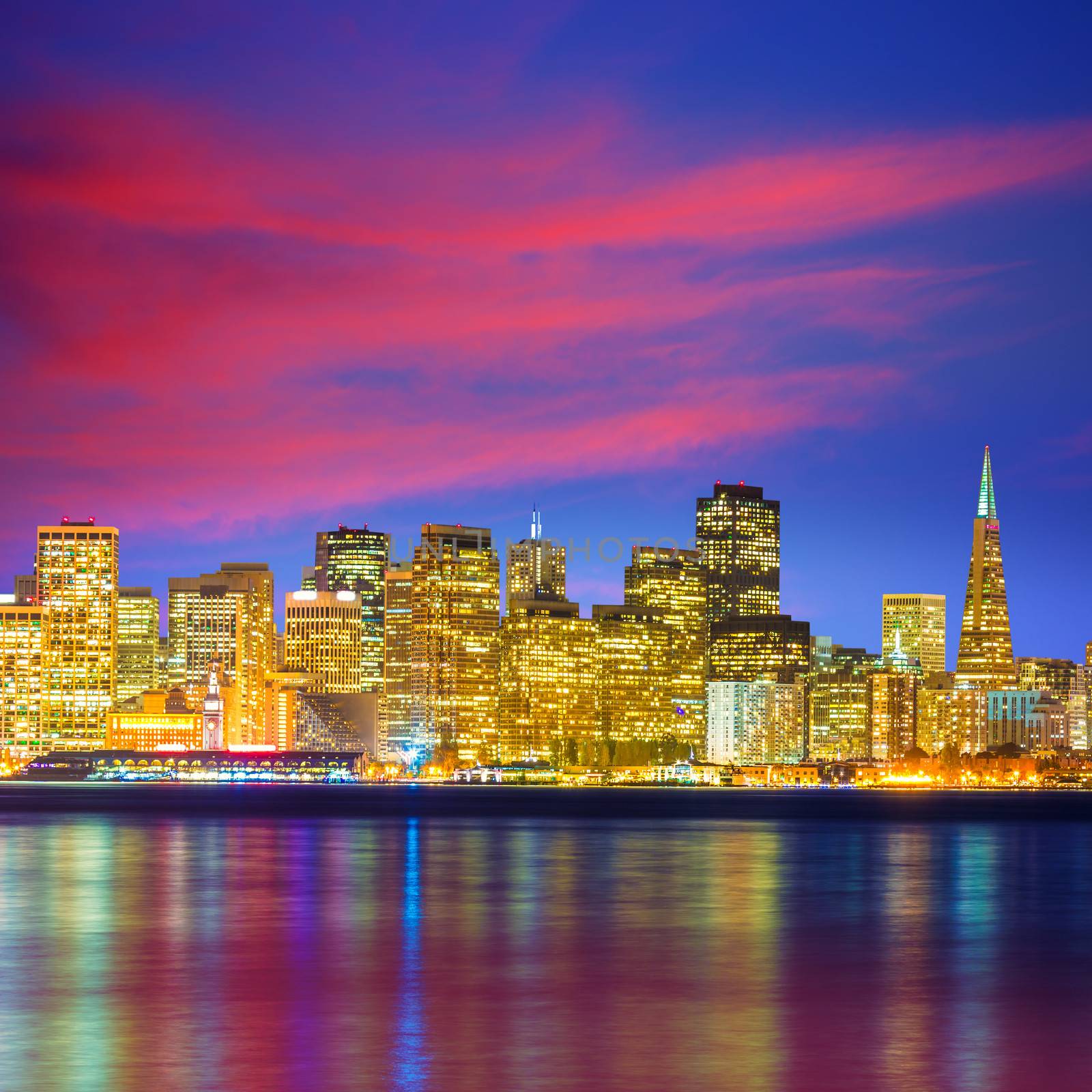 San Francisco sunset skyline California bay water reflection by lunamarina