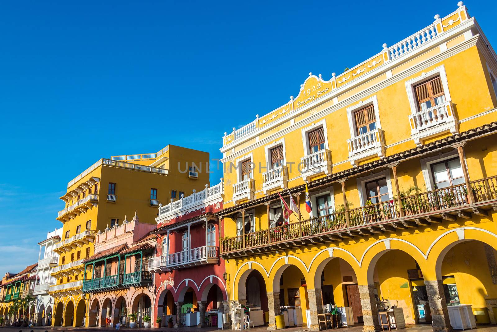 Facades of several historic buildings in the colonial center of Cartagena, Colombia