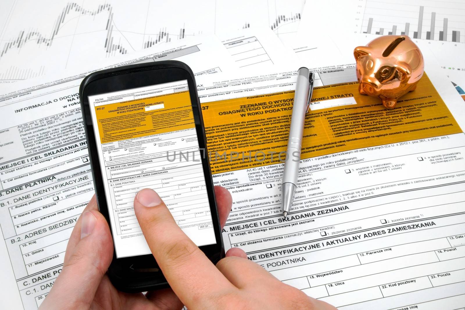 Man hand filling polish income tax form with mobile application by simpson33