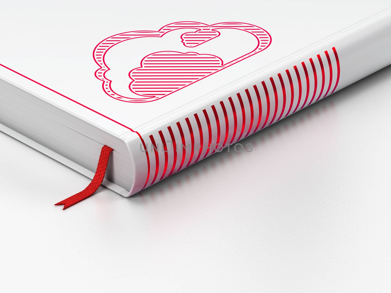 Cloud technology concept: closed book with Red Cloud icon on floor, white background, 3d render