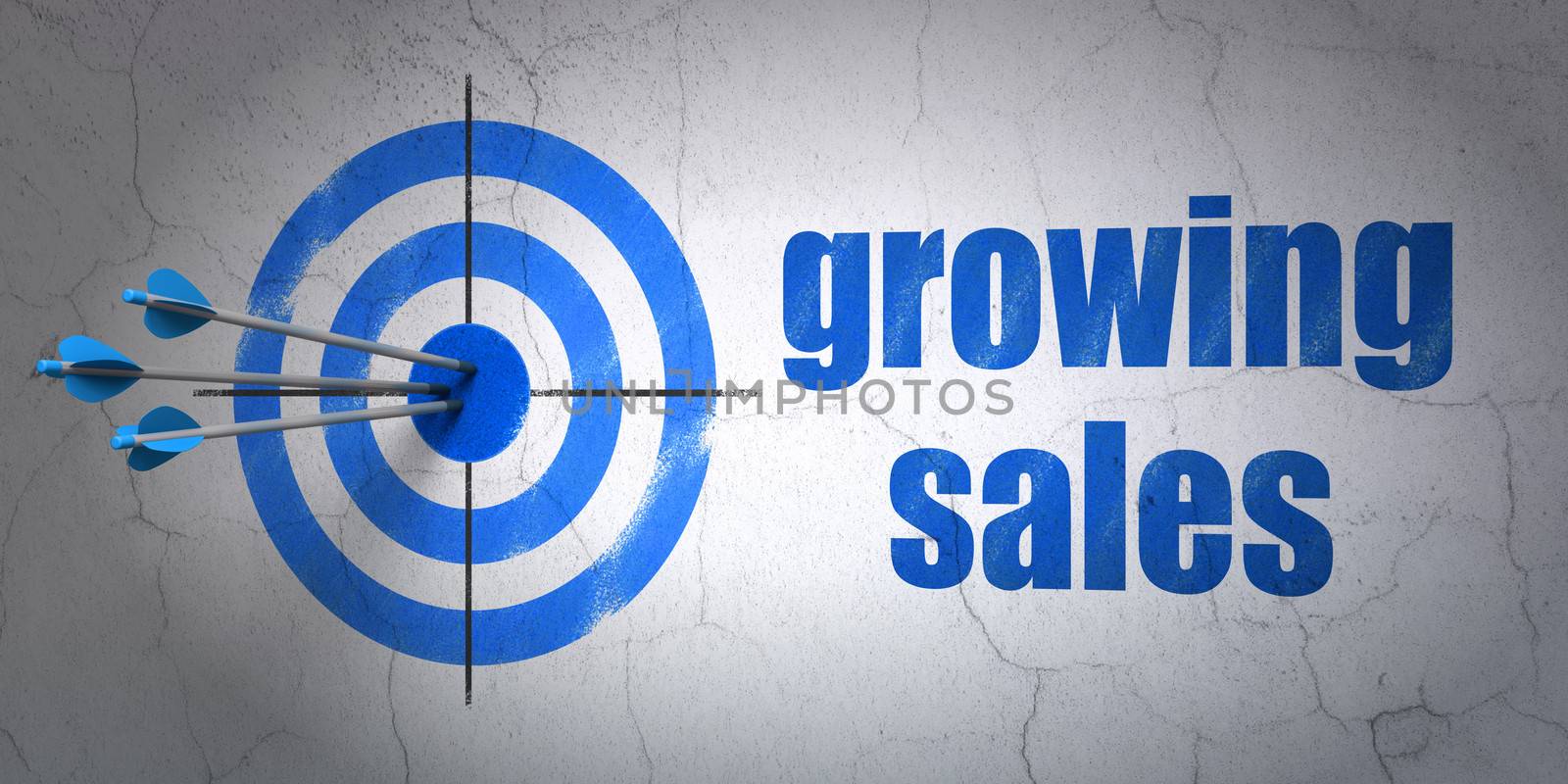 Success finance concept: arrows hitting the center of target, Blue Growing Sales on wall background, 3d render
