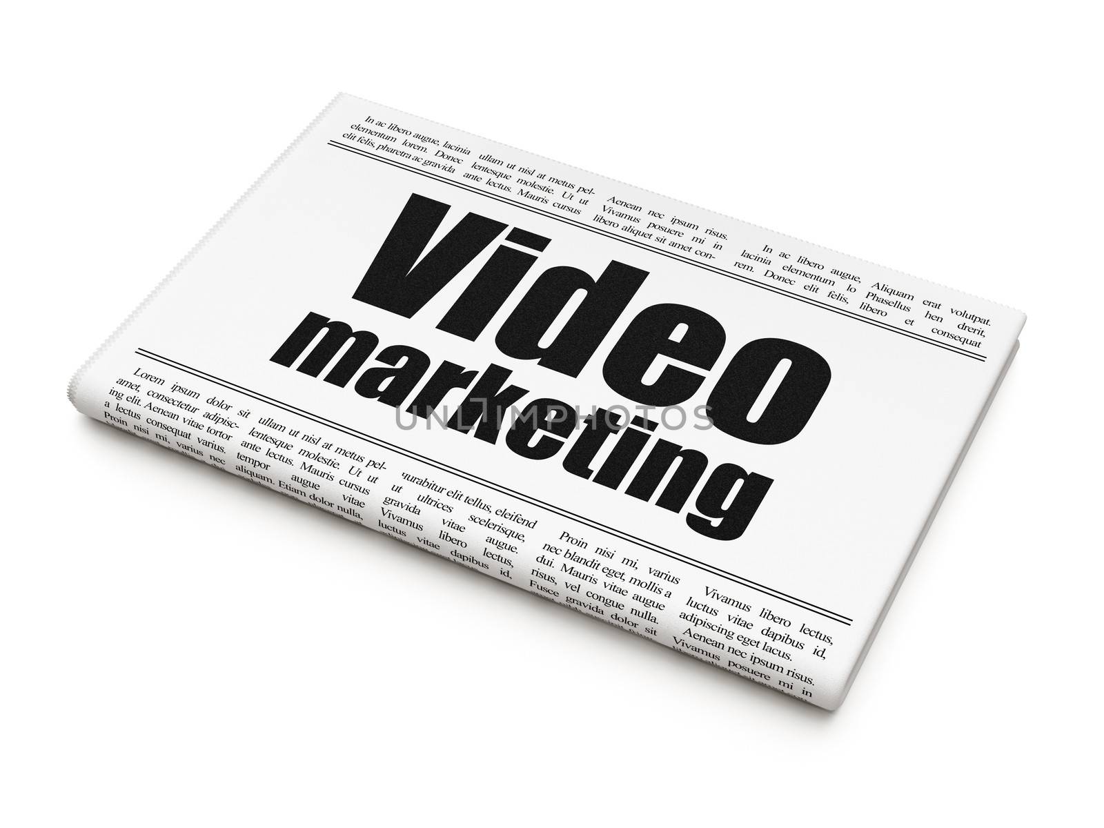 Business concept: newspaper headline Video Marketing on White background, 3d render