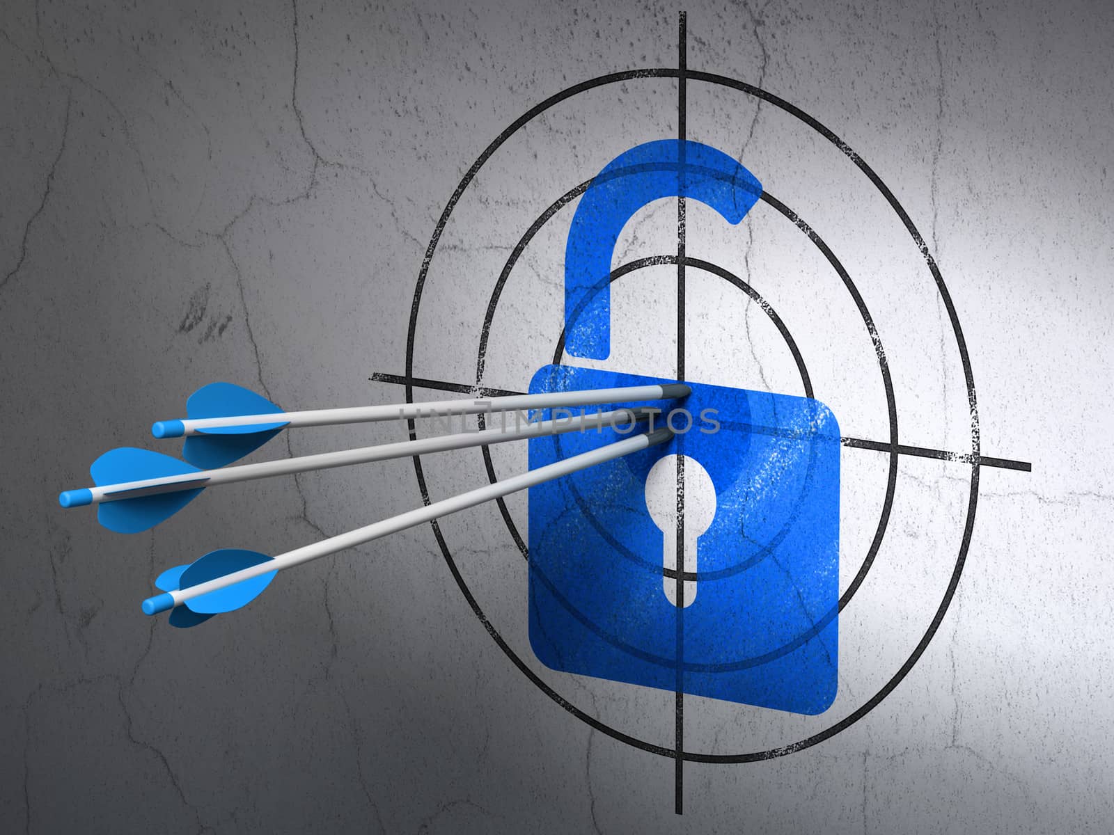 Success security concept: arrows hitting the center of Blue Opened Padlock target on wall background, 3d render