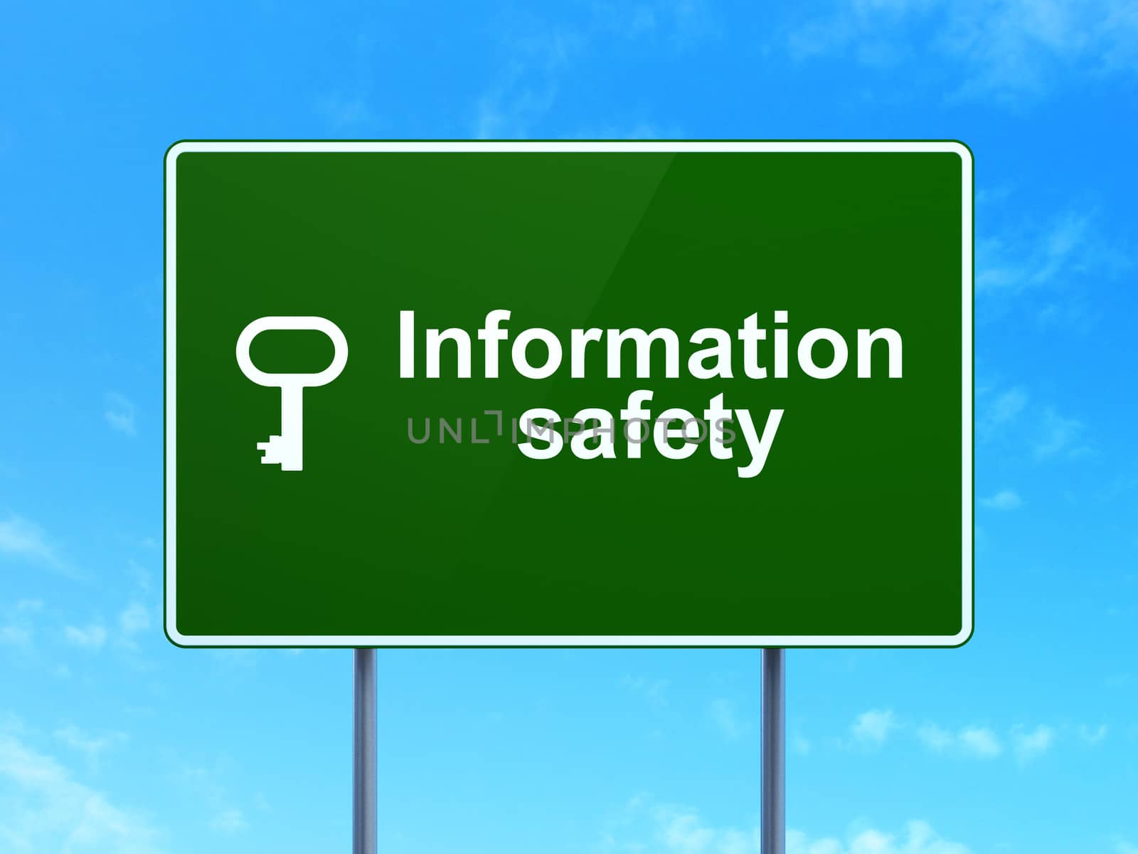 Protection concept: Information Safety and Key icon on green road (highway) sign, clear blue sky background, 3d render