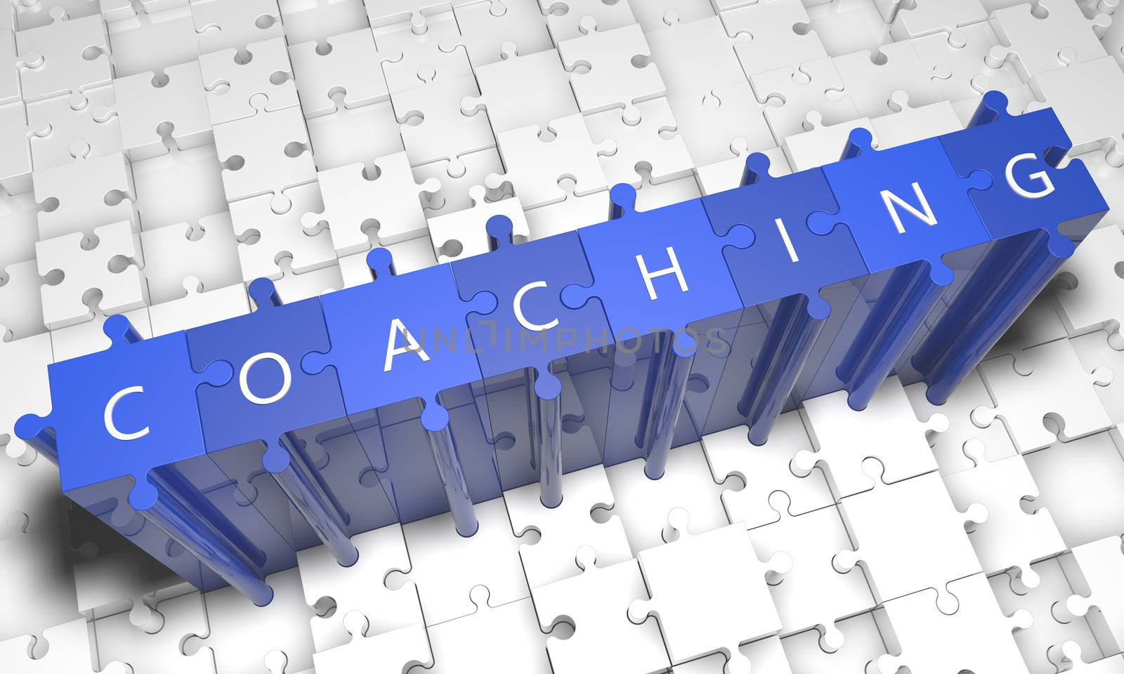 Coaching - puzzle 3d render illustration with text on blue jigsaw pieces stick out of white pieces