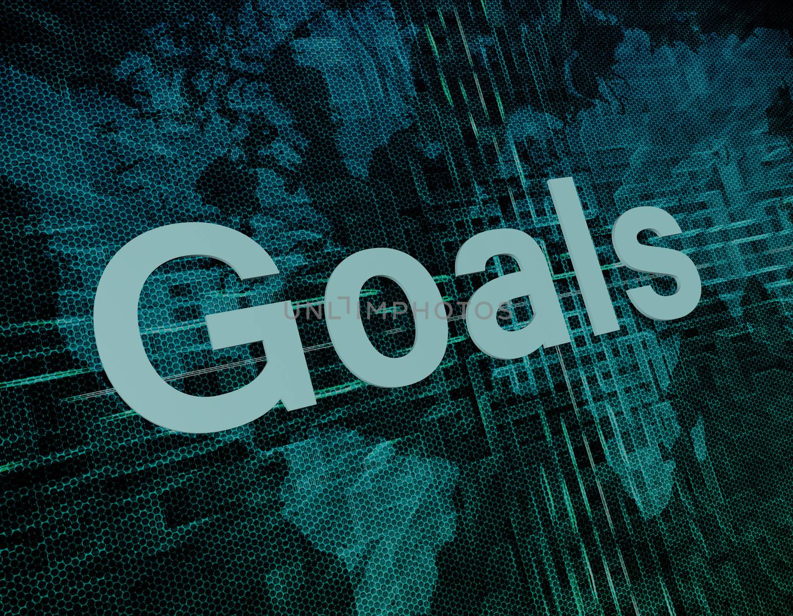 Goals text concept on green digital world map background 