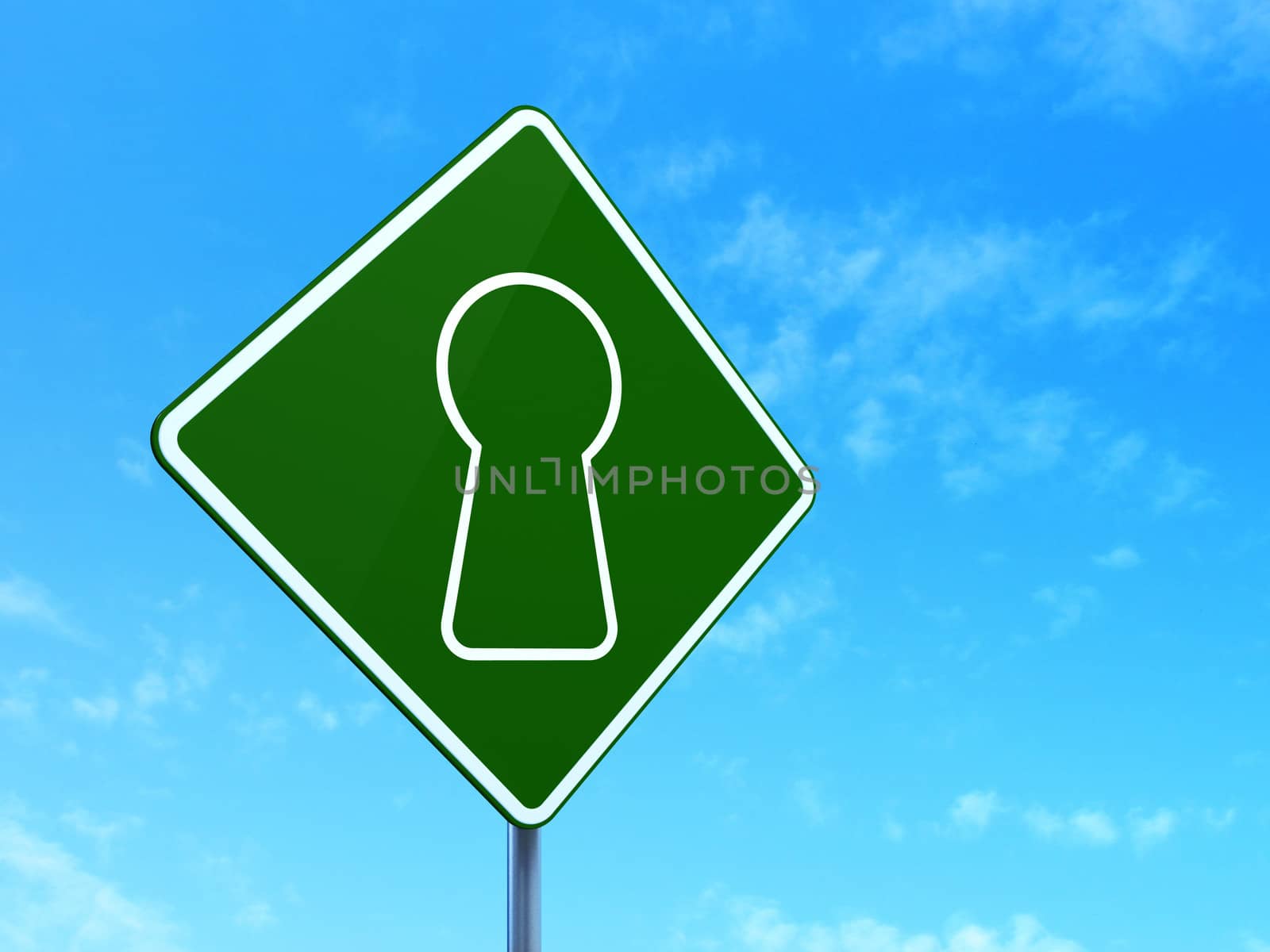 Data concept: Keyhole on green road (highway) sign, clear blue sky background, 3d render