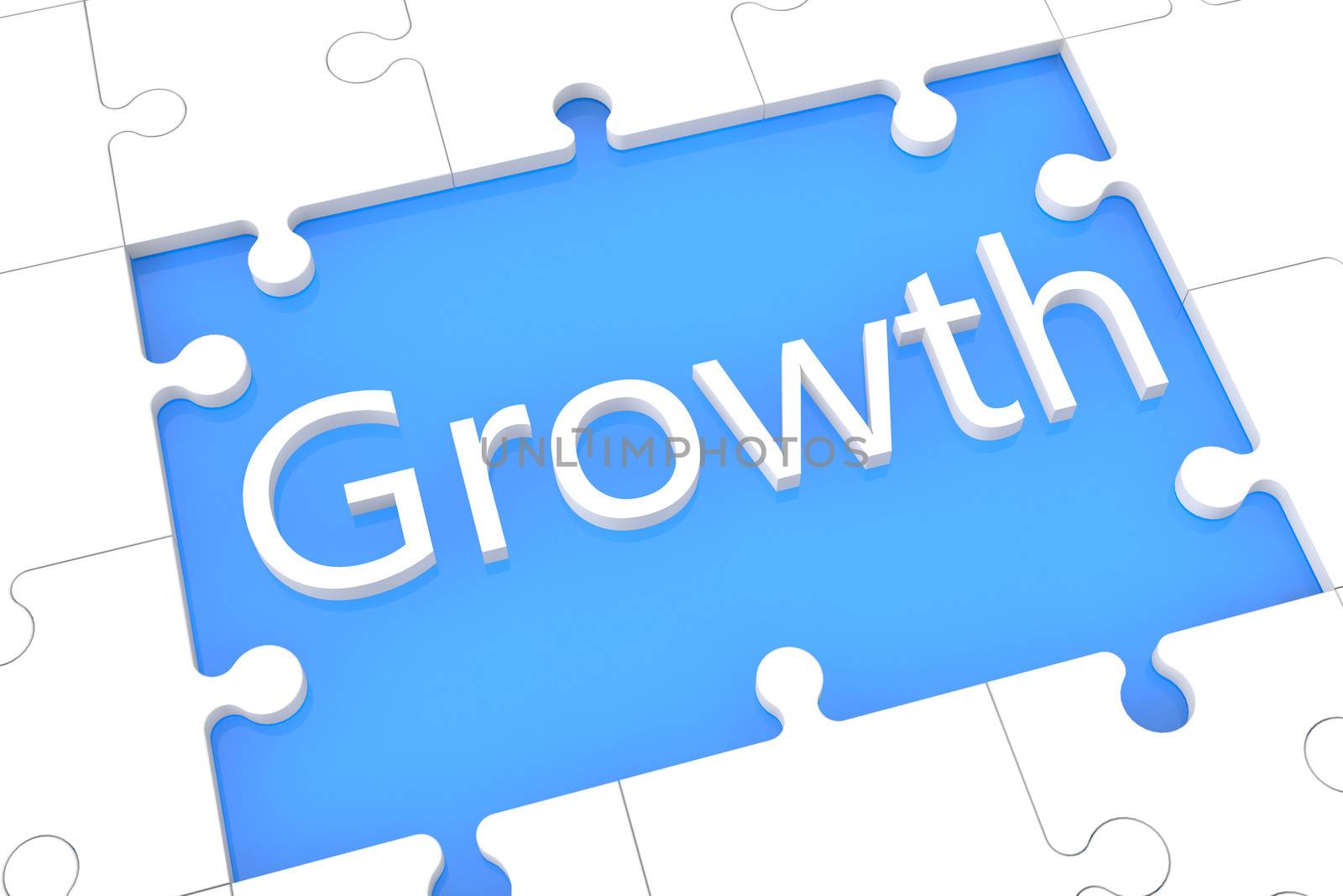 Growth - puzzle 3d render illustration with word on blue background