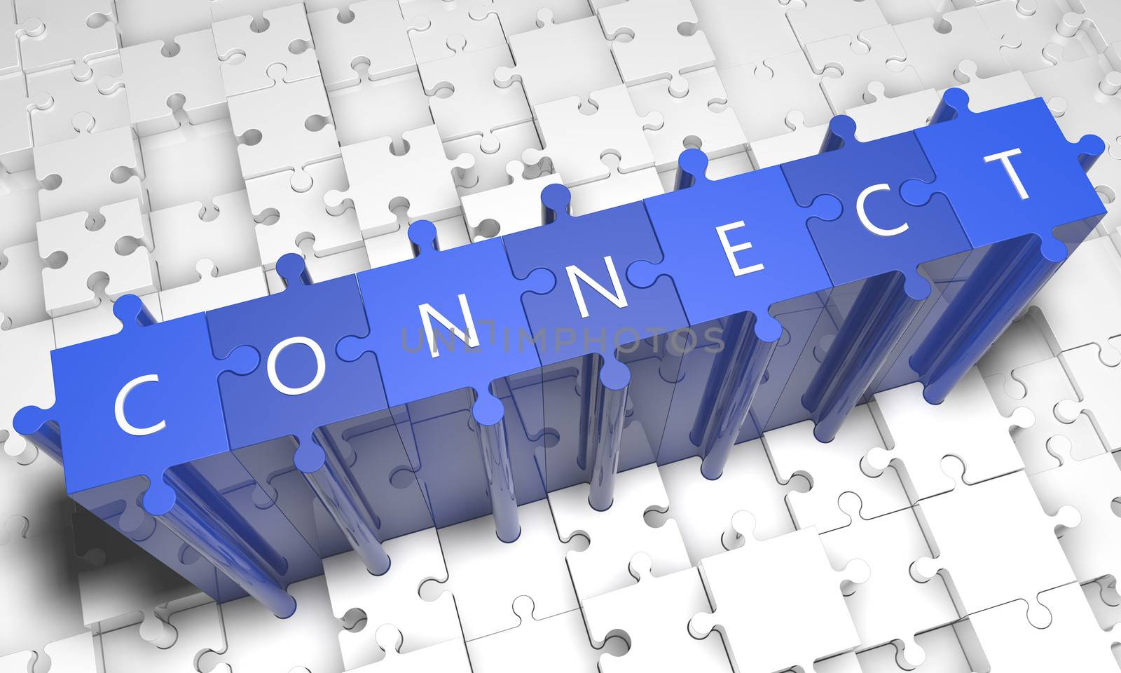 Connect - puzzle 3d render illustration with text on blue jigsaw pieces stick out of white pieces