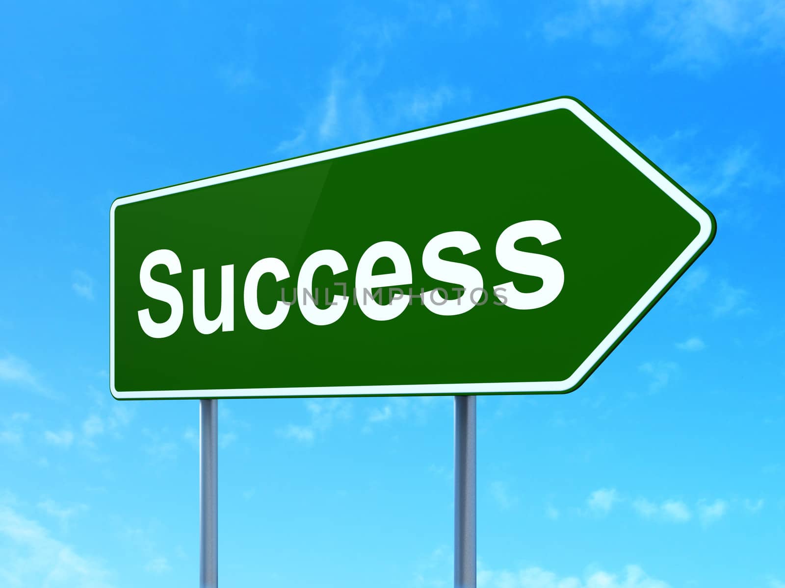 Business concept: Success on green road (highway) sign, clear blue sky background, 3d render