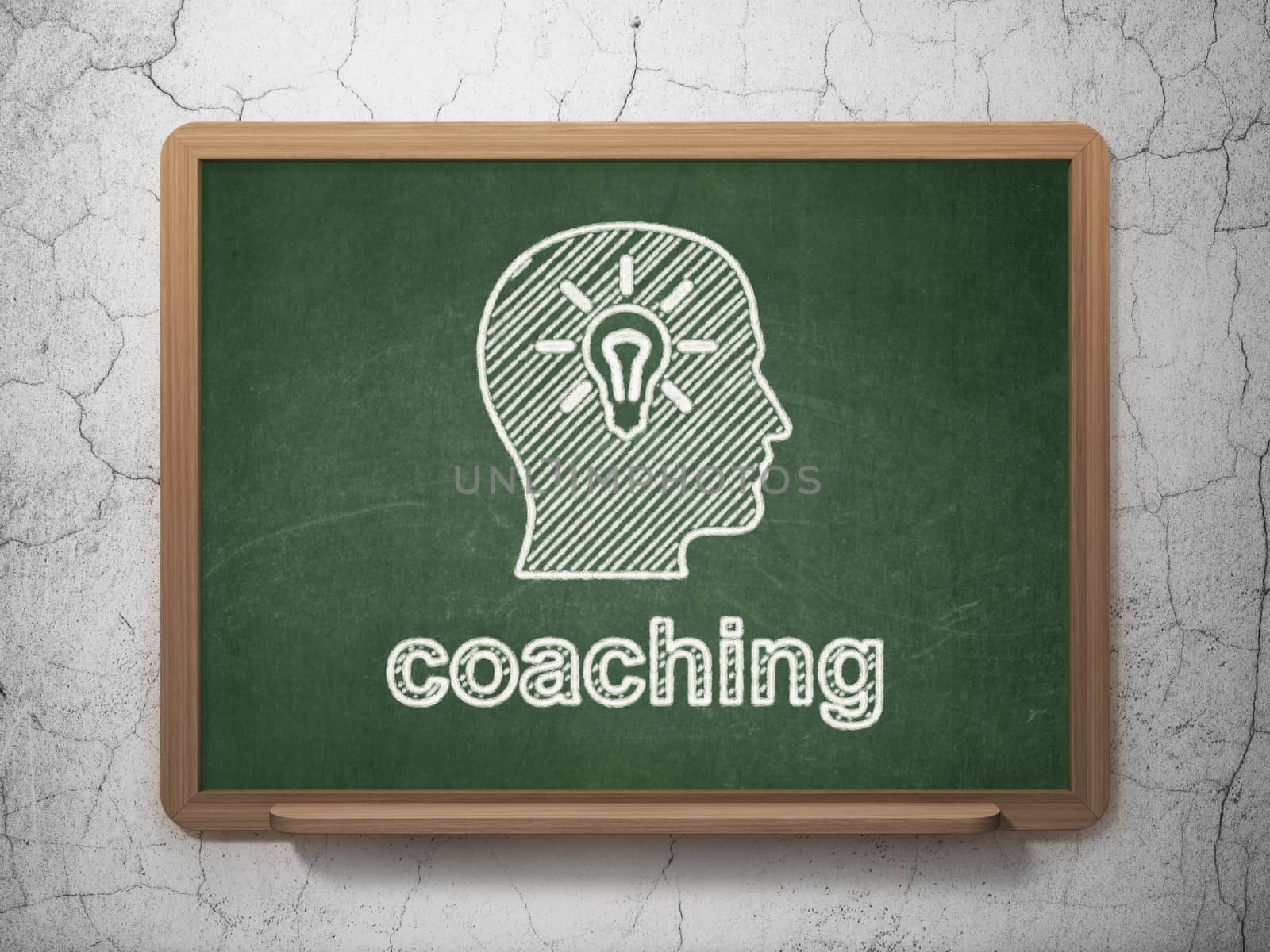 Education concept: Head With Light Bulb and Coaching on chalkboard background by maxkabakov