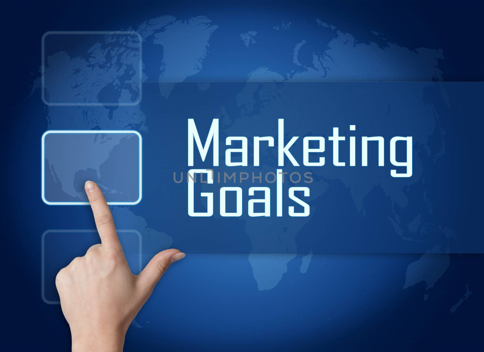Marketing Goals concept with interface and world map on blue background