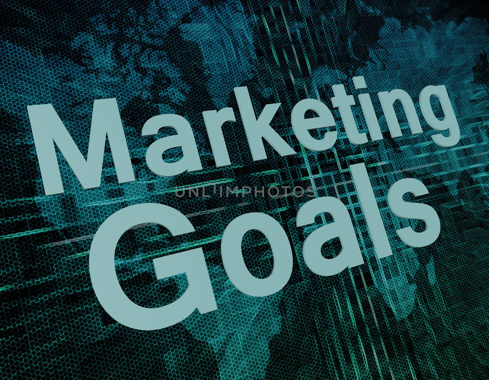 Marketing Goals text concept on green digital world map background 