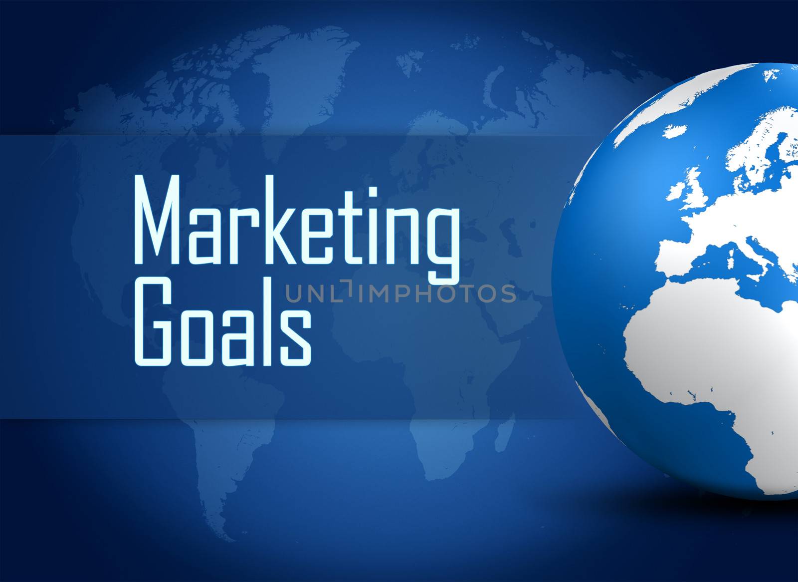 Marketing Goals concept with globe on blue background
