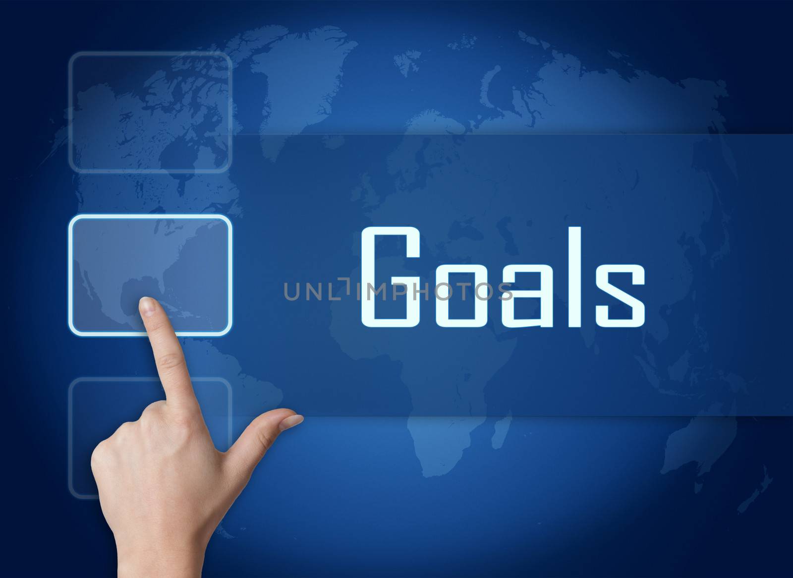 Goals concept with interface and world map on blue background