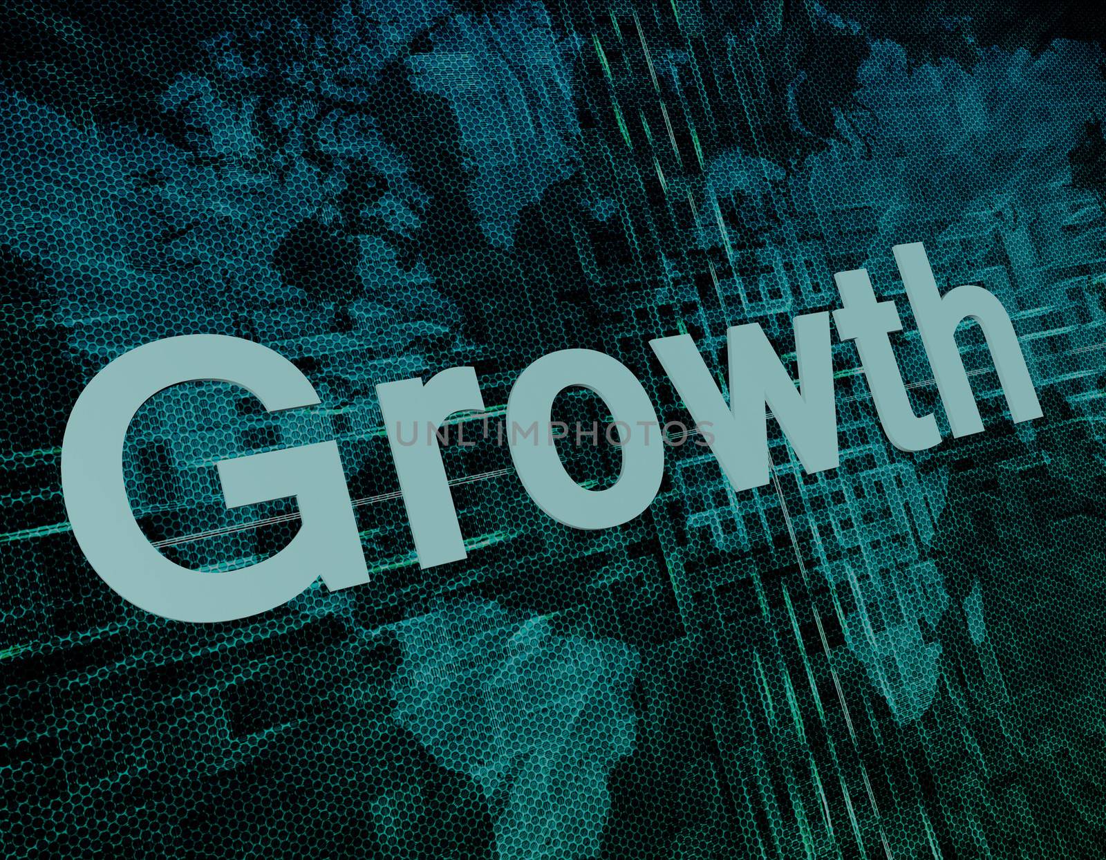 Growth text concept on green digital world map background 