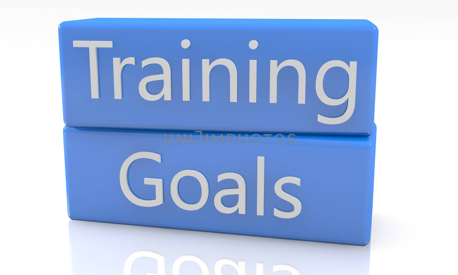 3d render blue box with Training Goals on it on white background with reflection