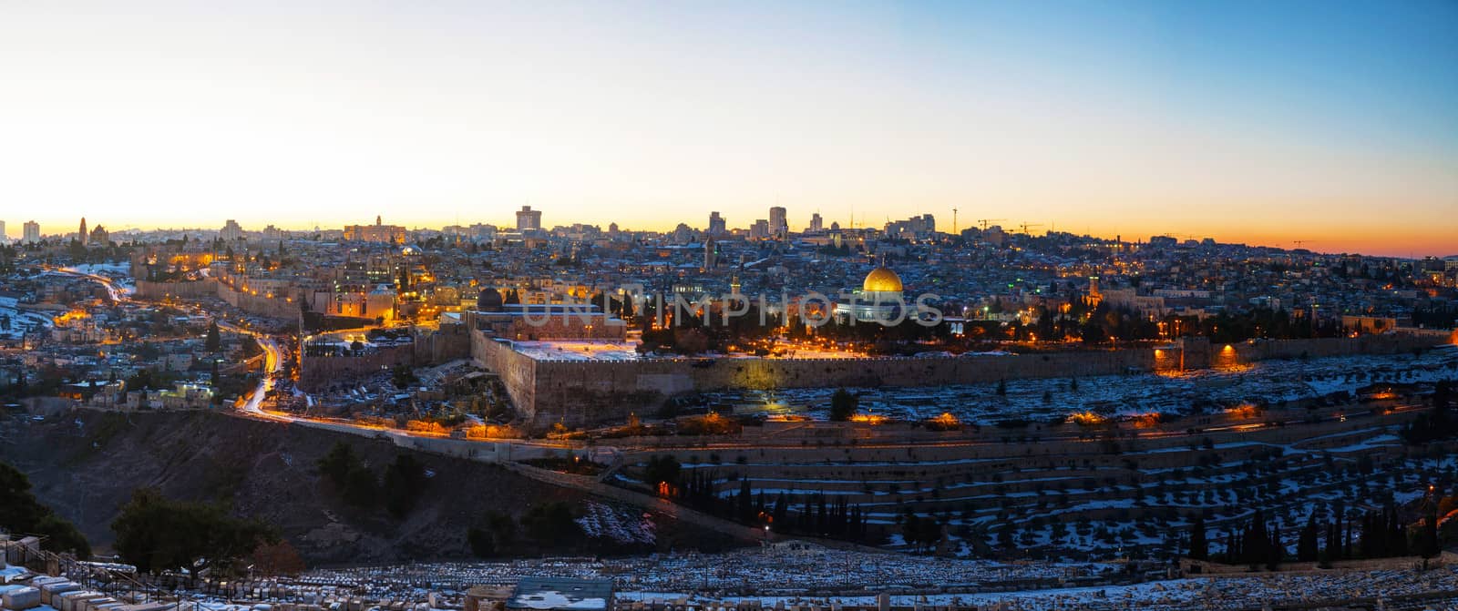 Overview of Old City in Jerusalem, Israel with The Dome of the Rock Mosque