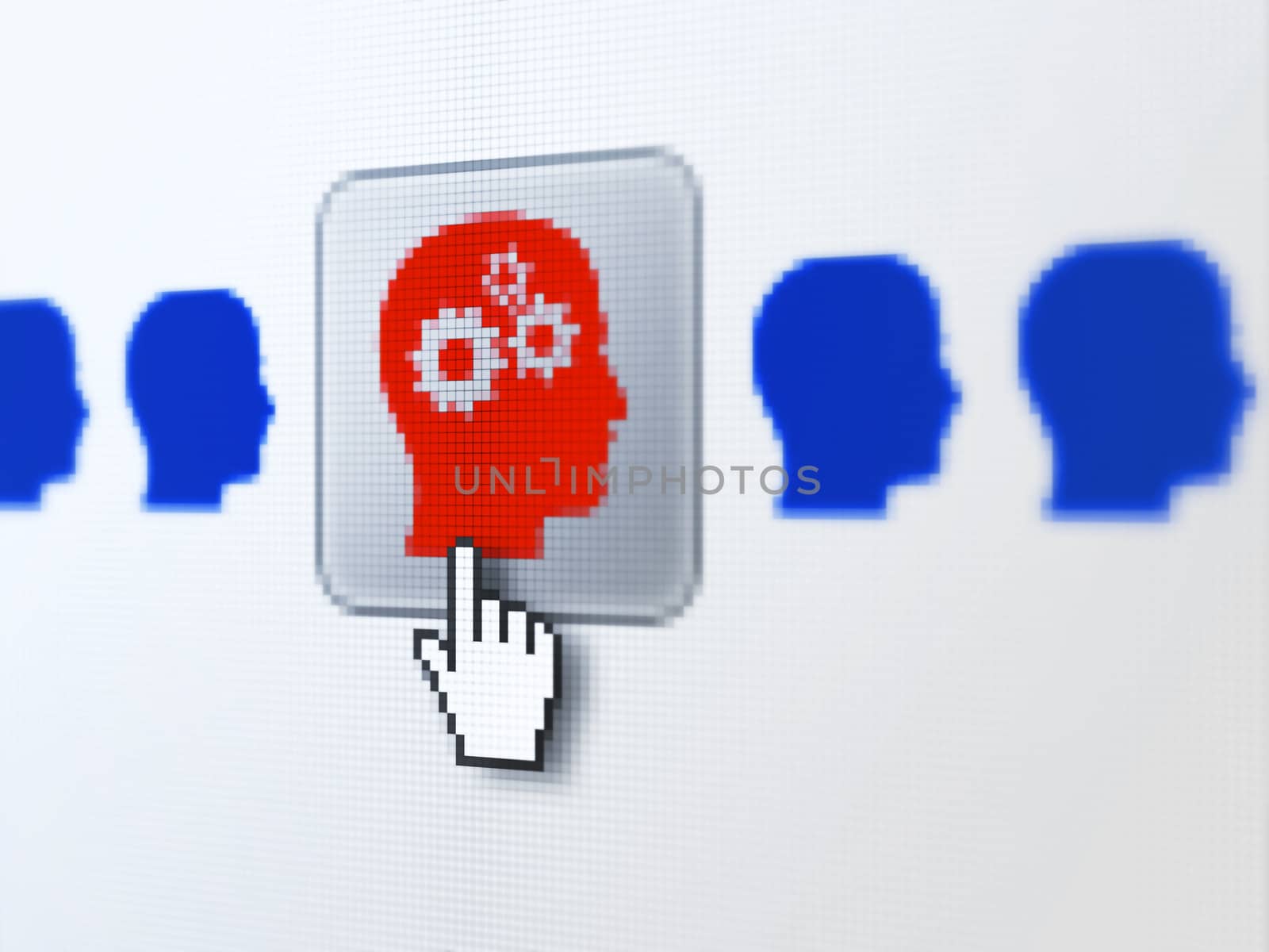 Business concept: pixelated Head With Gears icon on button with Hand cursor on digital computer screen, selected focus 3d render