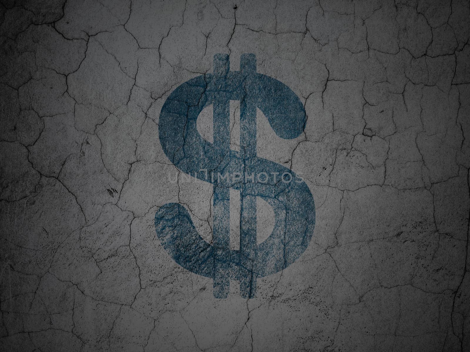 Currency concept: Blue Dollar on grunge textured concrete wall background, 3d render