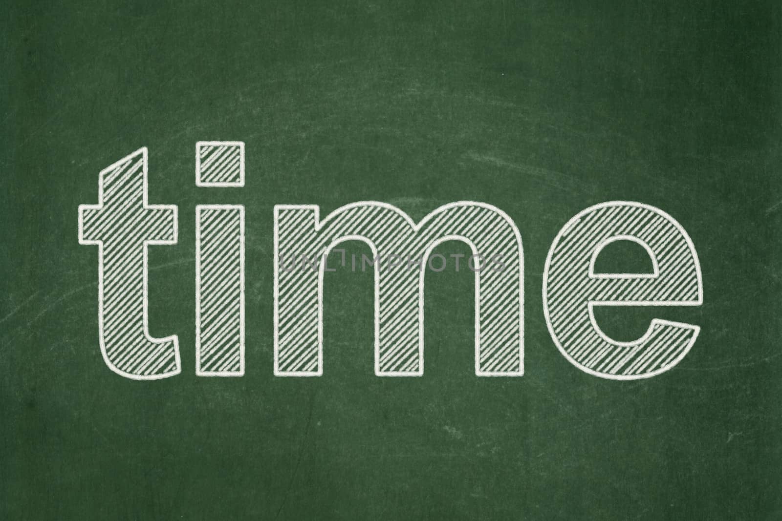 Time concept: text Time on Green chalkboard background, 3d render