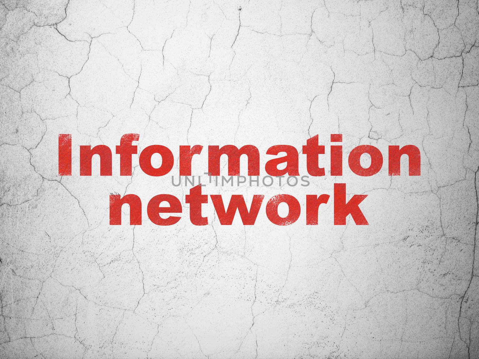 Information concept: Red Information Network on textured concrete wall background, 3d render