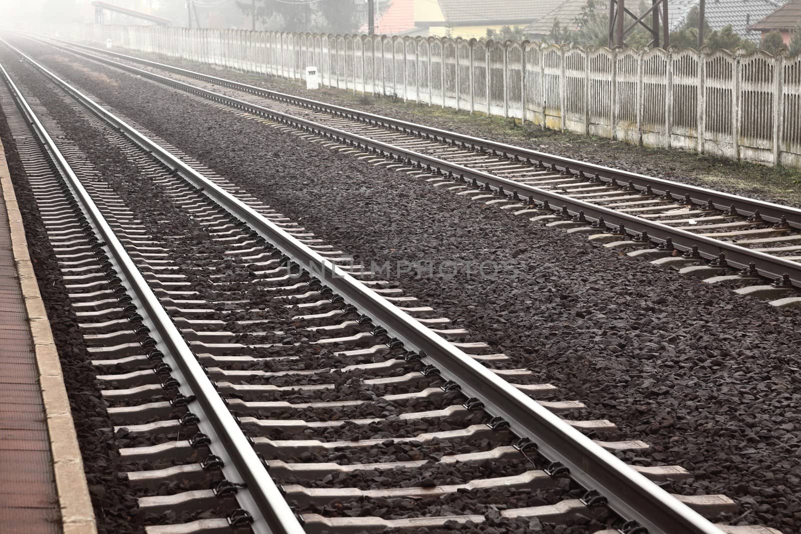 Railroad tracks in the fog