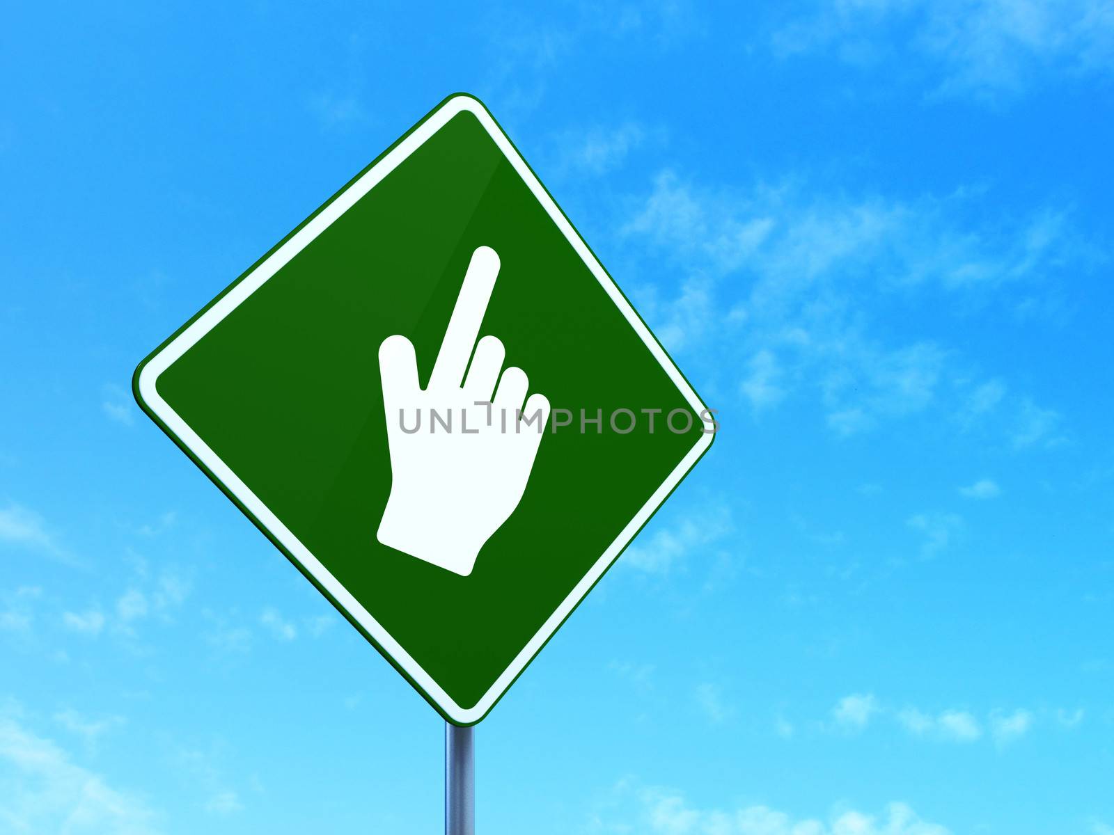 Web development concept: Mouse Cursor on green road (highway) sign, clear blue sky background, 3d render