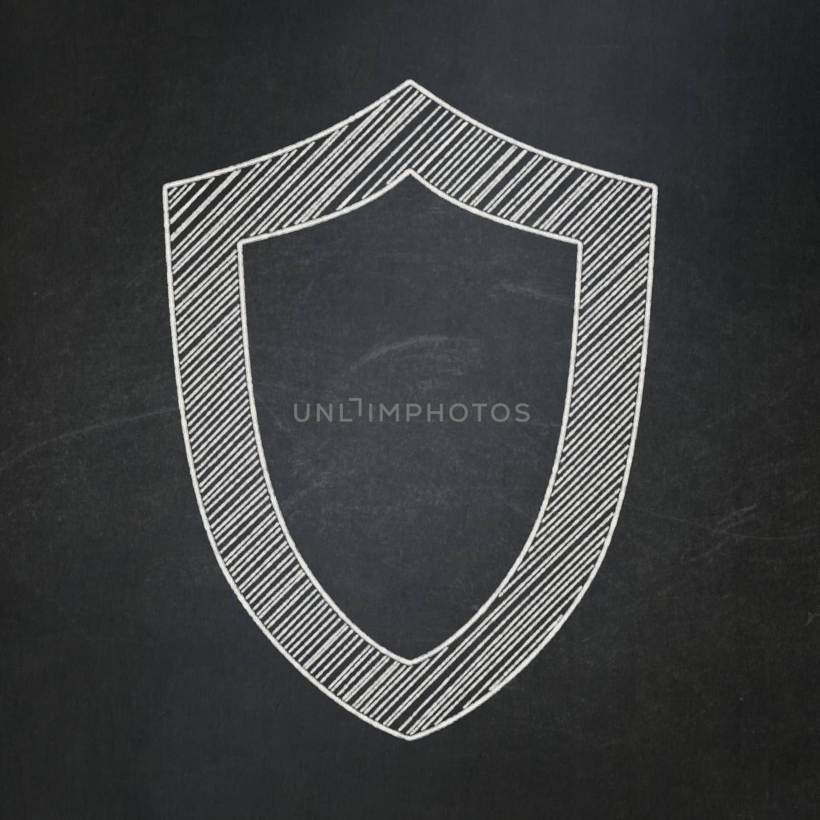 Security concept: Contoured Shield icon on Black chalkboard background, 3d render